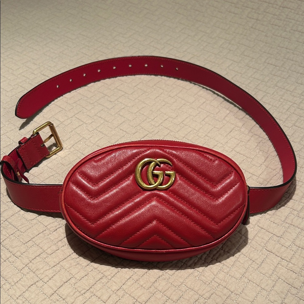 Gucci Red Quilted Leather Belt Bag with Gold GG